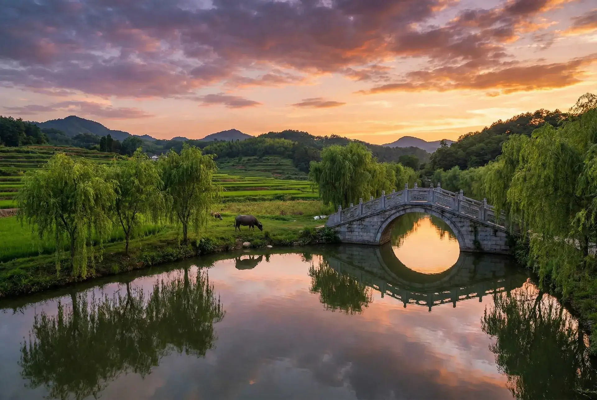 夕阳下的石拱桥与垂柳，水牛在河边吃草 - sss在线 乡村美景
